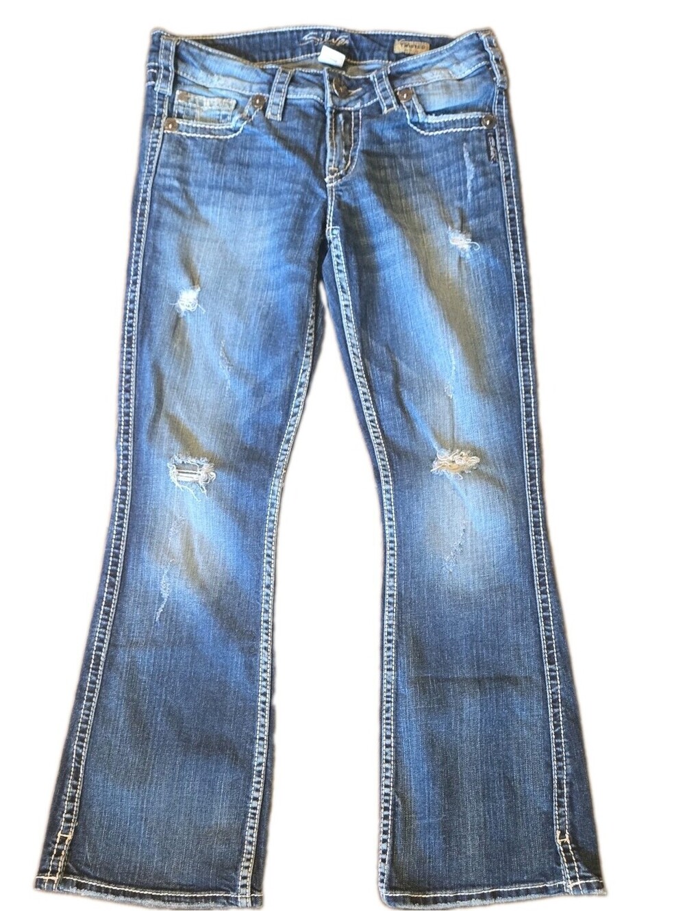 Y2k Silver Distressed Jeans Twisted Bootcut Medium Wash Embroidered 29x29